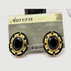 New old stock Aurora Clip earrings black and gold 1.5" long